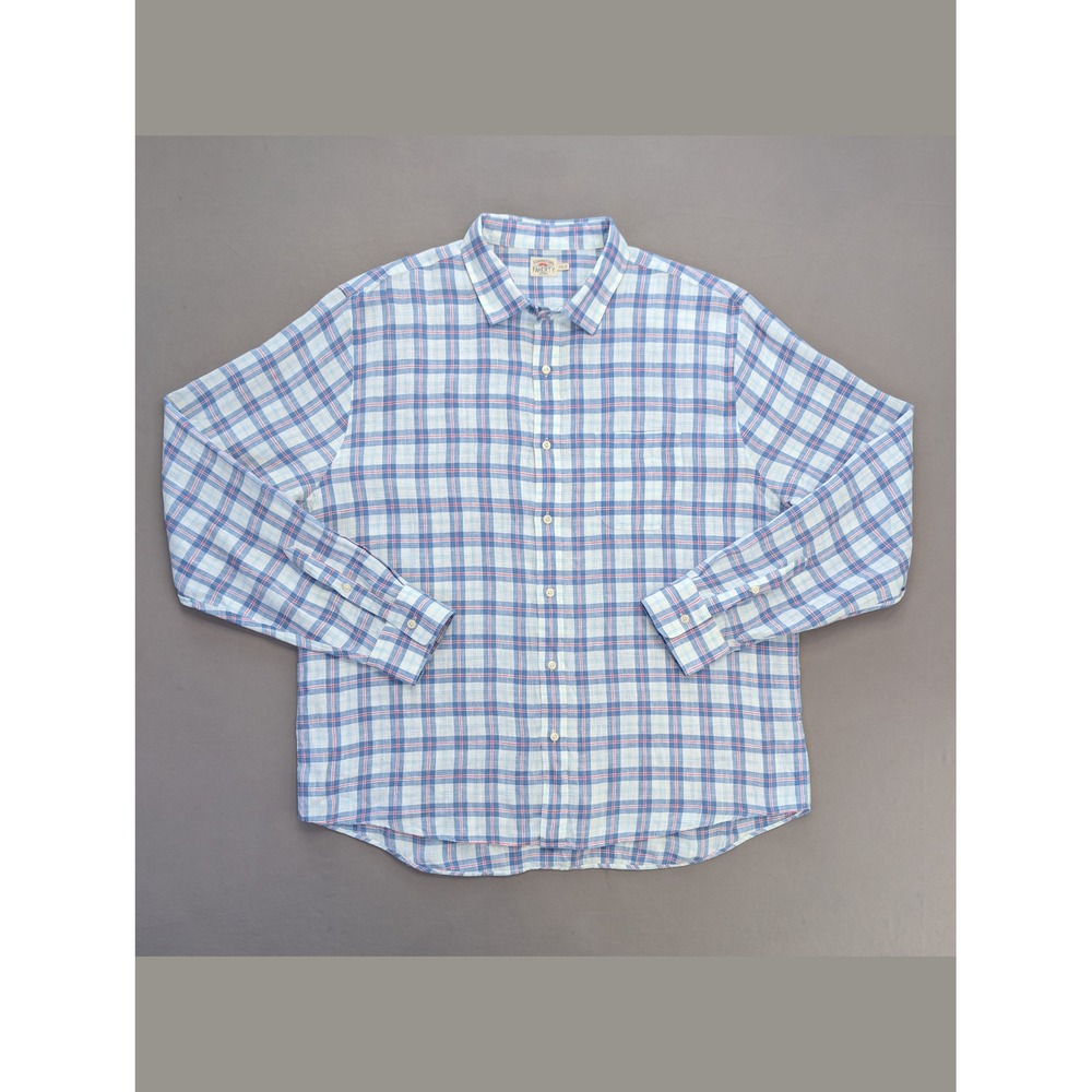 Faherty 100% Linen Plaid Button Up Shirt XXL Blue Pink Coastal Casual